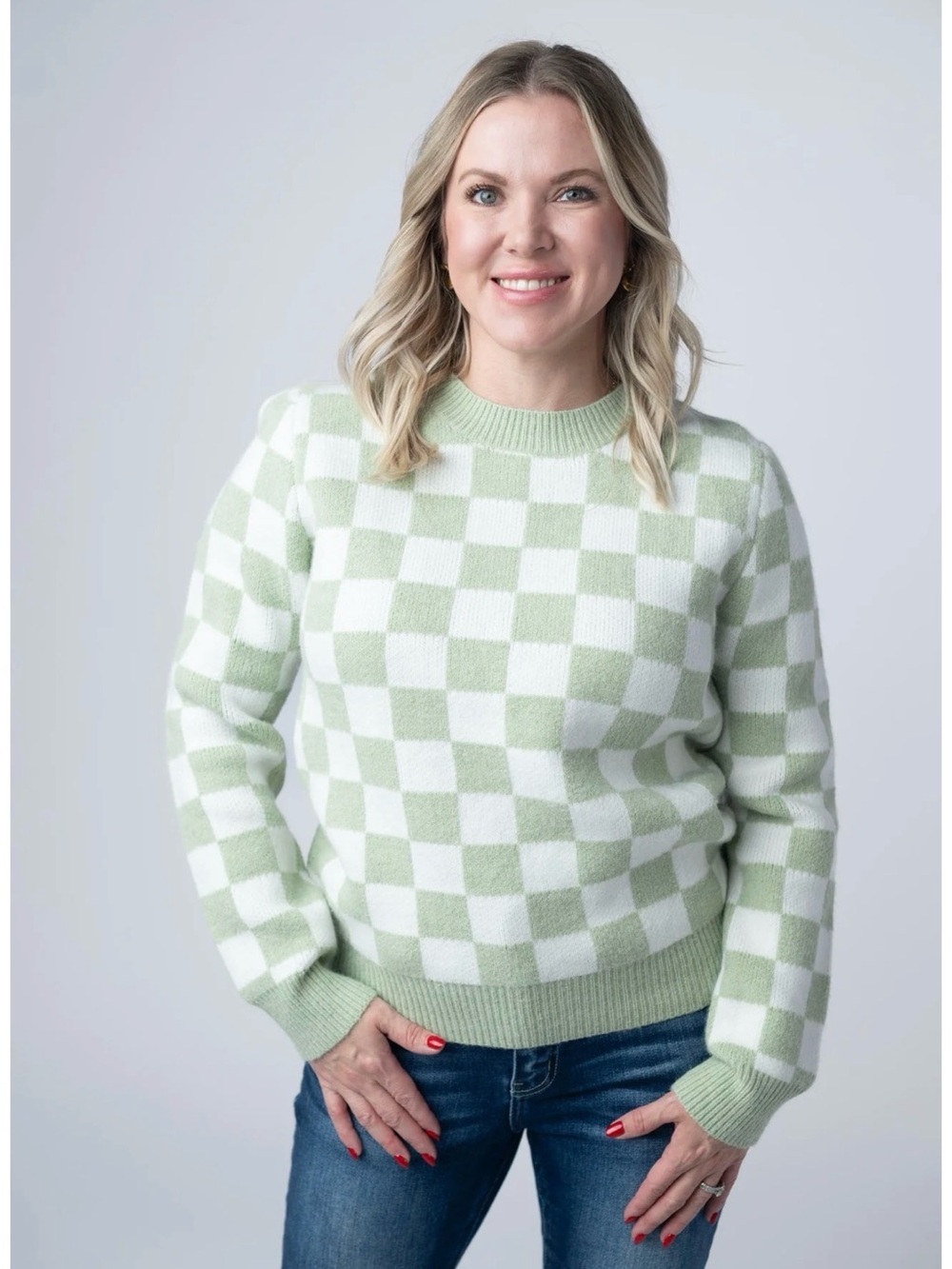 Michelle Mae Sage and White Checkered Sweater, Size Small, NWT